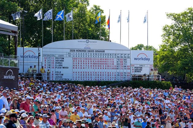 DUBLIN, OH - JUNE 07: A wide angle view of the scoreboard on the 18th hole as seen on June 7, 2026 during the final round of the Memorial Tournament presented by Workday at Muirfield Village Golf Club in Dublin, Ohio. (Photo by Brian Spurlock Icon Sportswire) GOLF: JUN 07 PGA, Golf Herren the Memorial Tournament presented by Workday EDITORIAL USE ONLY Icon26060777