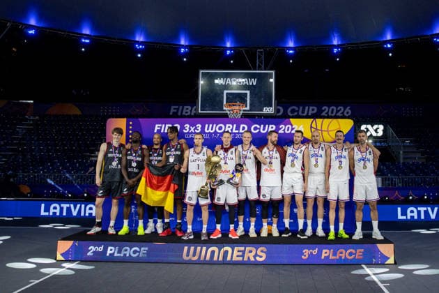 FIBA 3x3 World Cup Team Germany, Team Latvia, Team Serbia during FIBA 3x3 World Cup medal ceremony in Warsaw, Poland, on June 7, 2026 Warsaw Poland  Copyright: xFotoxOlimpikx originalFilename:jastrzebowski-fiba3x3w260607_npr4P.jpg