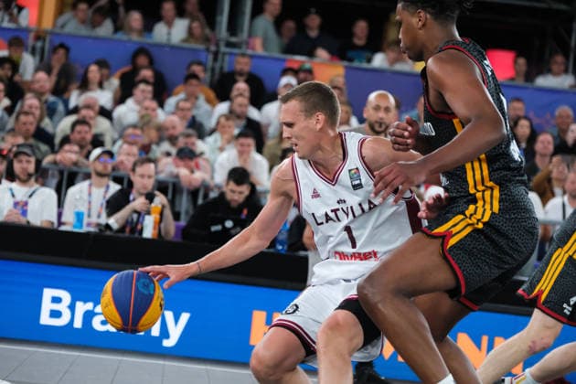 June 7, 2026, Warsaw, Masovian Voivodeship, Poland: Latvia s NAURIS MIEZIS (1) and Germany s FABIAN GIESSMANN (20) in action during the FIBA 3x3 Basketball World Cup men s final game between Latvia and Germany in Warsaw, Poland. Latvia defeated Germany to become world champions. Basketball 2026: FIBA 3x3 World Cup Men s Final: Latvia 20:15 Germany  - ZUMAk204 20260607_zip_k204_041 Copyright: xRomanxKozielx