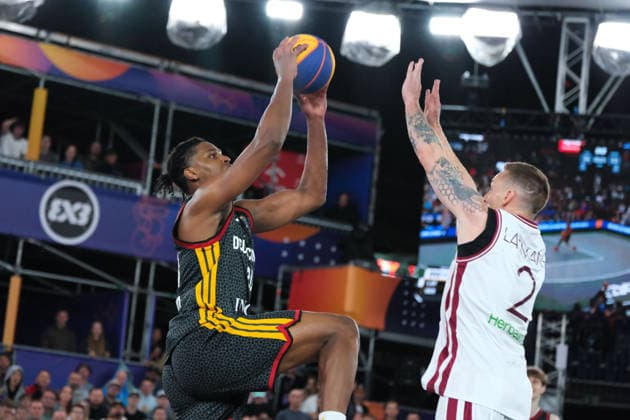 June 7, 2026, Warsaw, Masovian Voivodeship, Poland: Latvia s KARLIS LASMANIS (2) and Germany s FABIAN GIESSMANN (20) in action during the FIBA 3x3 Basketball World Cup men s final game between Latvia and Germany in Warsaw, Poland. Latvia defeated Germany to become world champions. Basketball 2026: FIBA 3x3 World Cup Men s Final: Latvia 20:15 Germany  - ZUMAk204 20260607_zip_k204_043 Copyright: xRomanxKozielx