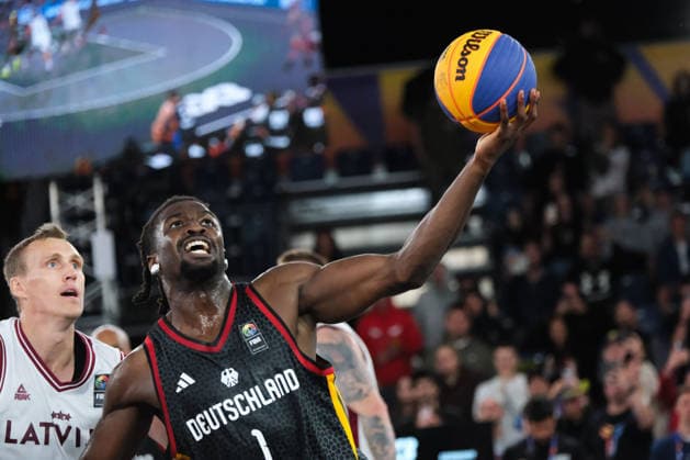 June 7, 2026, Warsaw, Masovian Voivodeship, Poland: Germany s DENZEL AGYEMAN (1) and Latvia s NAURIS MIEZIS (1) in action during the FIBA 3x3 Basketball World Cup men s final game between Latvia and Germany in Warsaw, Poland. Latvia defeated Germany to become world champions. Basketball 2026: FIBA 3x3 World Cup Men s Final: Latvia 20:15 Germany  - ZUMAk204 20260607_zip_k204_051 Copyright: xRomanxKozielx