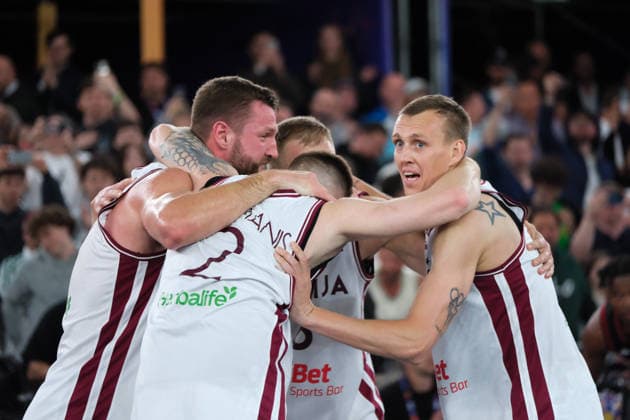 June 7, 2026, Warsaw, Masovian Voivodeship, Poland: Latvia s FRANCIS LACIS (6), NAURIS MIEZIS (1), KARLIS LASMANIS (2), and ZIGMARS RAIMO (9) celebrate victory at the end of the FIBA 3x3 Basketball World Cup men s final game between Latvia and Germany in Warsaw, Poland. Latvia defeated Germany to become world champions. Warsaw Poland - ZUMAk204 20260607_zip_k204_056 Copyright: xRomanxKozielx