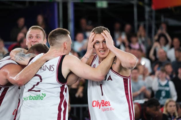 June 7, 2026, Warsaw, Masovian Voivodeship, Poland: Latvia s FRANCIS LACIS (6), NAURIS MIEZIS (1), KARLIS LASMANIS (2), and ZIGMARS RAIMO (9) celebrate victory at the end of the FIBA 3x3 Basketball World Cup men s final game between Latvia and Germany in Warsaw, Poland. Latvia defeated Germany to become world champions. Warsaw Poland - ZUMAk204 20260607_zip_k204_057 Copyright: xRomanxKozielx