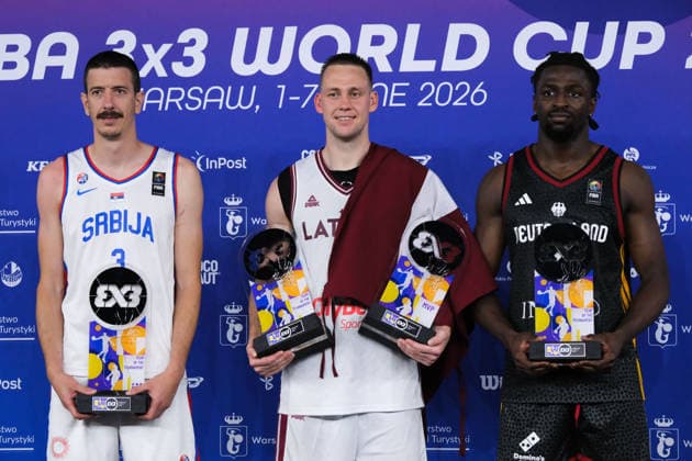 June 7, 2026, Warsaw, Masovian Voivodeship, Poland: Serbia s STRAHINJA STOJACIC (3), Latvia s KARLIS LASMANIS (2), and Germany s DENZEL AGYEMAN (1) stand with their awards during the prize ceremony at the conclusion of the 2026 FIBA 3x3 Basketball World Cup in Warsaw, Poland. Basketball 2026: FIBA 3x3 World Cup Prize Ceremony  - ZUMAk204 20260607_zip_k204_073 Copyright: xRomanxKozielx