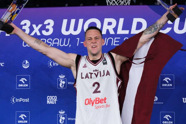 June 7, 2026, Warsaw, Masovian Voivodeship, Poland: Latvia s KARLIS LASMANIS (2) celebrates with his awards during the prize ceremony at the conclusion of the 2026 FIBA 3x3 Basketball World Cup in Warsaw, Poland. Basketball 2026: FIBA 3x3 World Cup Prize Ceremony  - ZUMAk204 20260607_zip_k204_075 Copyright: xRomanxKozielx