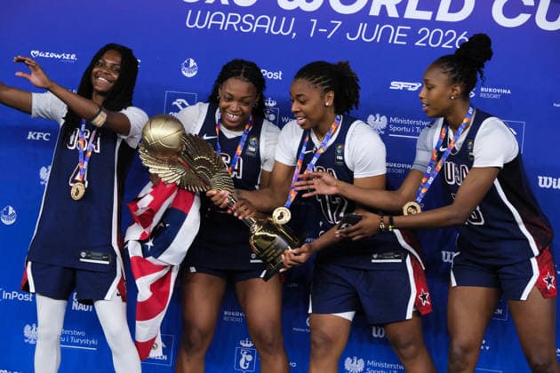 June 7, 2026, Warsaw, Masovian Voivodeship, Poland: USA s MILAYSIA FULWILEY (4), MIKAYLAH WILLIAMS (12), SAHARA WILLIAMS (6), and JOYCE EDWARDS (13) celebrate with their women s 1st place medals and the world champions trophy during the prize ceremony at the conclusion of the 2026 FIBA 3x3 Basketball World Cup in Warsaw, Poland. Basketball 2026: FIBA 3x3 World Cup Prize Ceremony  - ZUMAk204 20260607_zip_k204_084 Copyright: xRomanxKozielx
