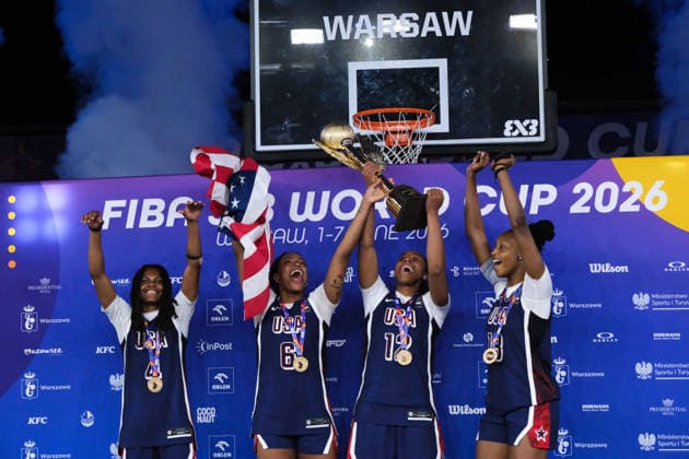 June 7, 2026, Warsaw, Masovian Voivodeship, Poland: USA s MILAYSIA FULWILEY (4), MIKAYLAH WILLIAMS (12), SAHARA WILLIAMS (6), and JOYCE EDWARDS (13) celebrate with their women s 1st place medals and the world champions trophy during the prize ceremony at the conclusion of the 2026 FIBA 3x3 Basketball World Cup in Warsaw, Poland. Basketball 2026: FIBA 3x3 World Cup Prize Ceremony  - ZUMAk204 20260607_zip_k204_085 Copyright: xRomanxKozielx