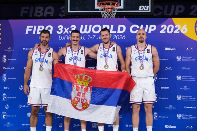 June 7, 2026, Warsaw, Masovian Voivodeship, Poland: Serbia s ANDREJA MILUTINOVIC (1), NEMANJA BARAC (6), NENAD NERANDZIC (5), STRAHINJA STOJACIC (3) pose with their men s 3rd place medals during the prize ceremony at the conclusion of the 2026 FIBA 3x3 Basketball World Cup in Warsaw, Poland. Basketball 2026: FIBA 3x3 World Cup Prize Ceremony  - ZUMAk204 20260607_zip_k204_086 Copyright: xRomanxKozielx