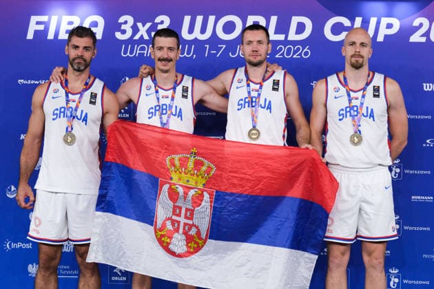 June 7, 2026, Warsaw, Masovian Voivodeship, Poland: Serbia s ANDREJA MILUTINOVIC (1), NEMANJA BARAC (6), NENAD NERANDZIC (5), and STRAHINJA STOJACIC (3) pose with their men s 3rd place medals during the prize ceremony at the conclusion of the 2026 FIBA 3x3 Basketball World Cup in Warsaw, Poland. Basketball 2026: FIBA 3x3 World Cup Prize Ceremony  - ZUMAk204 20260607_zip_k204_087 Copyright: xRomanxKozielx