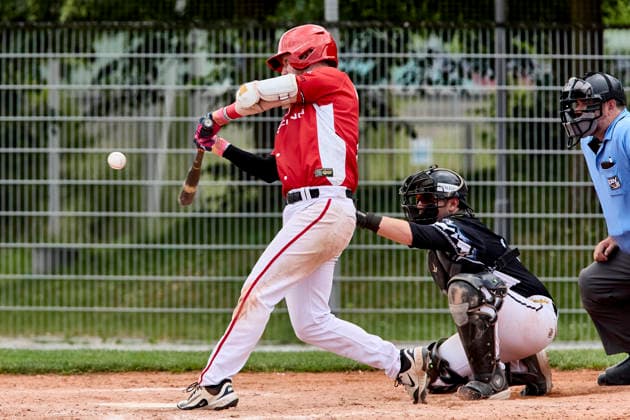 Deutsche Baseball Liga (DBL), München-Haar Disciples vs Stuttgart Reds, Haar Disciples, Stuttgart Reds, 2026-06-07 in München-Haar (Ballpark Eglfing) TRAUT Lucas (Stuttgart Reds Pitcher, Designated Hitter Nr2-STG2), FIERLBECK Owen (München-Haar Disciples Catcher Nr16-HAA16) sportworld München-Haar Ballpark Eglfing Bayern Deutschland