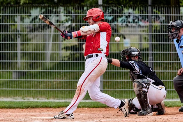 Deutsche Baseball Liga (DBL), München-Haar Disciples vs Stuttgart Reds, Haar Disciples, Stuttgart Reds, 2026-06-07 in München-Haar (Ballpark Eglfing) TRAUT Lucas (Stuttgart Reds Pitcher, Designated Hitter Nr2-STG2), FIERLBECK Owen (München-Haar Disciples Catcher Nr16-HAA16) sportworld München-Haar Ballpark Eglfing Bayern Deutschland