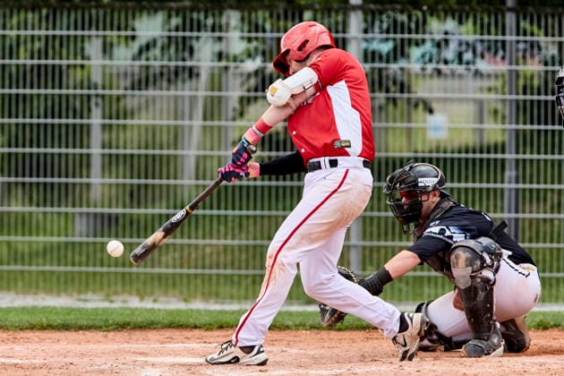 Deutsche Baseball Liga (DBL), München-Haar Disciples vs Stuttgart Reds, Haar Disciples, Stuttgart Reds, 2026-06-07 in München-Haar (Ballpark Eglfing) TRAUT Lucas (Stuttgart Reds Pitcher, Designated Hitter Nr2-STG2), FIERLBECK Owen (München-Haar Disciples Catcher Nr16-HAA16) sportworld München-Haar Ballpark Eglfing Bayern Deutschland