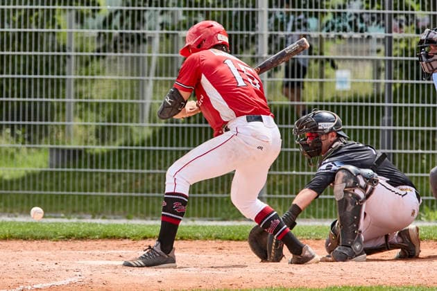 Deutsche Baseball Liga (DBL), München-Haar Disciples vs Stuttgart Reds, Haar Disciples, Stuttgart Reds, 2026-06-07 in München-Haar (Ballpark Eglfing) van BERGEN Moritz (Stuttgart Reds First Baseman, Left Fielder, Pitcher Nr15-STG15), FIERLBECK Owen (München-Haar Disciples Catcher Nr16-HAA16) sportworld München-Haar Ballpark Eglfing Bayern Deutschland