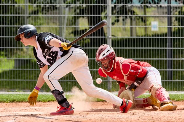 Deutsche Baseball Liga (DBL), München-Haar Disciples vs Stuttgart Reds, Haar Disciples, Stuttgart Reds, 2026-06-07 in München-Haar (Ballpark Eglfing) KRAMER Quentin (München-Haar Disciples Second Baseman Nr11-HAA11), WITT Yannick (Stuttgart Reds Catcher, Shortstop Nr6-STG6) sportworld München-Haar Ballpark Eglfing Bayern Deutschland