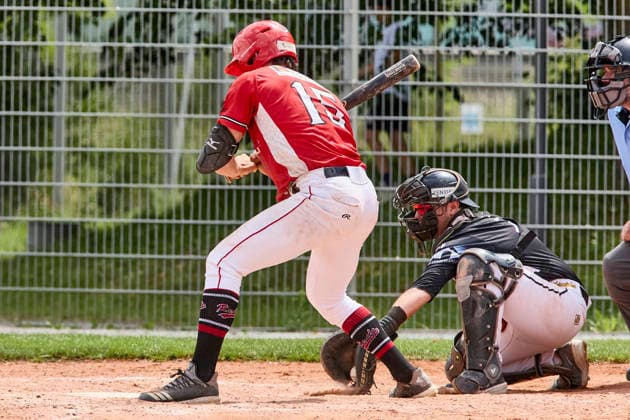 Deutsche Baseball Liga (DBL), München-Haar Disciples vs Stuttgart Reds, Haar Disciples, Stuttgart Reds, 2026-06-07 in München-Haar (Ballpark Eglfing) van BERGEN Moritz (Stuttgart Reds First Baseman, Left Fielder, Pitcher Nr15-STG15), FIERLBECK Owen (München-Haar Disciples Catcher Nr16-HAA16) sportworld München-Haar Ballpark Eglfing Bayern Deutschland