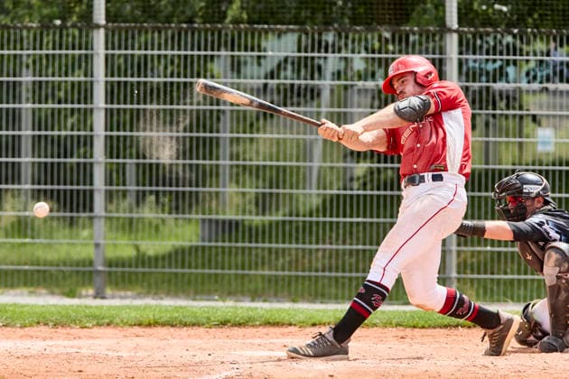 Deutsche Baseball Liga (DBL), München-Haar Disciples vs Stuttgart Reds, Haar Disciples, Stuttgart Reds, 2026-06-07 in München-Haar (Ballpark Eglfing) van BERGEN Moritz (Stuttgart Reds First Baseman, Left Fielder, Pitcher Nr15-STG15), FIERLBECK Owen (München-Haar Disciples Catcher Nr16-HAA16) sportworld München-Haar Ballpark Eglfing Bayern Deutschland