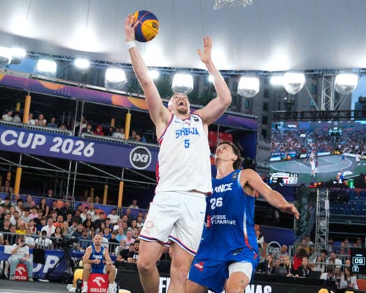 June 7, 2026, Warsaw, Masovian Voivodeship, Poland: Serbia s NENAD NERANDZIC (5) and France s JULES RAMBAUT (26) in action during the FIBA 3x3 Basketball World Cup men s 3rd place game between Serbia and France in Warsaw, Poland. Basketball 2026: FIBA 3x3 World Cup Men s 3rd Place: Serbia 20:19 France  - ZUMAk204 20260607_zip_k204_140 Copyright: xRomanxKozielx