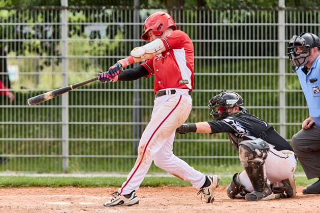 Deutsche Baseball Liga (DBL), München-Haar Disciples vs Stuttgart Reds, Haar Disciples, Stuttgart Reds, 2026-06-07 in München-Haar (Ballpark Eglfing) TRAUT Lucas (Stuttgart Reds Pitcher, Designated Hitter Nr2-STG2), FIERLBECK Owen (München-Haar Disciples Catcher Nr16-HAA16) sportworld München-Haar Ballpark Eglfing Bayern Deutschland