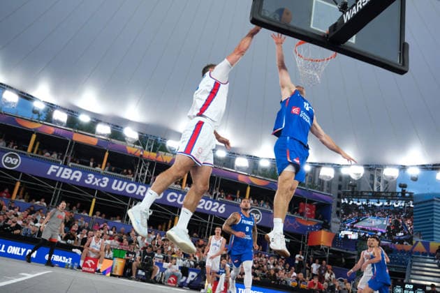 June 7, 2026, Warsaw, Masovian Voivodeship, Poland: Serbia s NEMANJA BARAC (6), NENAD NERANDZIC (5), STRAHINJA STOJACIC (3) and France s ALEX VIALARET (15) jump for the ball during the FIBA 3x3 Basketball World Cup men s 3rd place game between Serbia and France in Warsaw, Poland. Warsaw Poland - ZUMAk204 20260607_zip_k204_135 Copyright: xRomanxKozielx