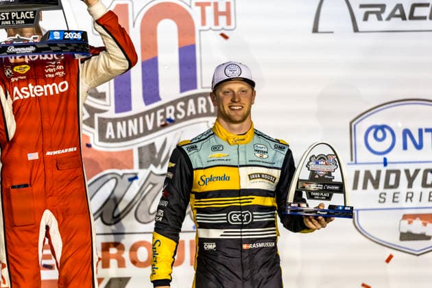 June 7, 2026, Madison, Illinois, USA: IndyCar, Indy Car, IRL, USA SERIES driver, CHRISTIAN RASMUSSEN (21) (DNK) of Copenhagen, Denmark, finishes in 3rd place at the Bommarito Automotive Group 500 at World Wide Technology Raceway in MADISON, Illinois. INDYCAR SERIES: June 07, 2026: Bommarito Automotive Group 500: Christian Rasmussen 3rd Place Finish  - ZUMAa161 20260607_aaa_a161_028 Copyright: xStevexScaglione GMGx