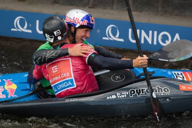 World Cup in water slalom in Prague - Troja on June 7, 2026. The picture shows kayak cross winner Jakub Krejci and silver medalist Vit Prindis. (CTKxPhoto PetrxMalina) CTKPhotoF202606070026401  CTKPhotoF202606070026401