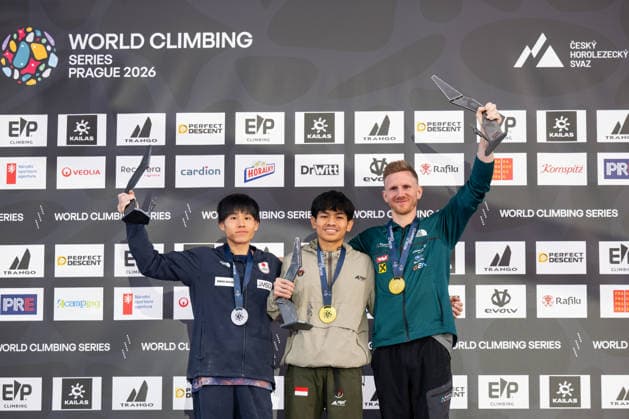 From left third placed Neo Suzuki of Japan, winner Putra Tri Ramadani of Indonesia and second placed Jakob Schubert of Austria at the World Climbing Series Prague 2026, in Prague, Czech Republic, on June 7, 2026. (CTKxPhoto OndrejxDeml) CTKPhotoP2026060705630  CTKPhotoP2026060705630