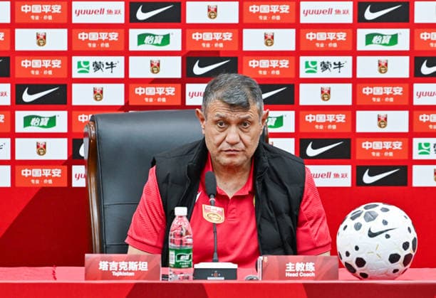 GUIYANG, CHINA - JUNE 08: Mubin Ergashev, head coach of Tajikistan U23, speaks to the media during a training session ahead of the 2026 Guiyang International Youth Football Invitational Tournament on June 8, 2026 in Guiyang, Guizhou Province of China.  Copyright: xVCGx 111646837461