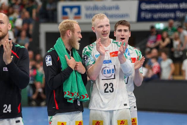 07.06.2026, xgox, Handball - Daikin HBL HSG Wetzlar - SC Magdeburg emspor, v.l. Matthias Musche (Magdeburg, 6), Magnus Saugstrup (Magdeburg, 23) Jubel ueber den Sieg, Jubel nach Spielende Wetzlar