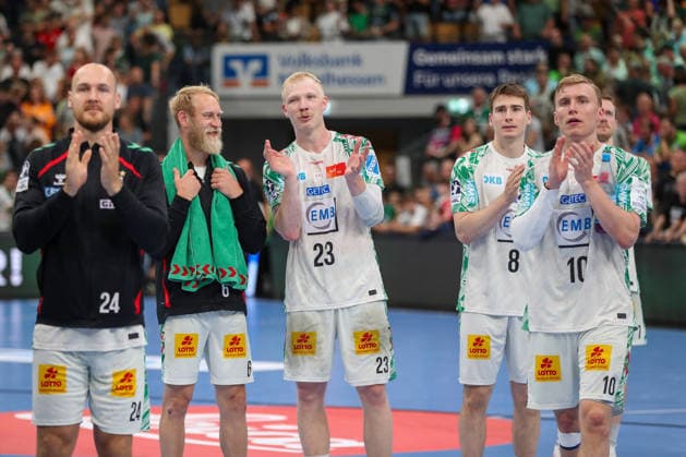 07.06.2026, xgox, Handball - Daikin HBL HSG Wetzlar - SC Magdeburg emspor, v.l. Matthias Musche (Magdeburg, 6), Magnus Saugstrup (Magdeburg, 23), Manuel Zehnder (Magdeburg, 8) Jubel ueber den Sieg, Jubel nach Spielende Wetzlar