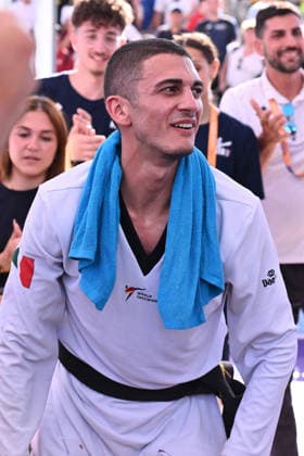 IPA85474871 - Vito Dell Aquila (ITA) celebrate the victory of the men s -58kg final against Eunsu Seo (KOR) of the World Taekwondo Grand Prix at the Foro Italico, June 7, 2026, Rome, Italy.  Copyright: xDomenicoxCippitelli IPAxSportx xx 85474871