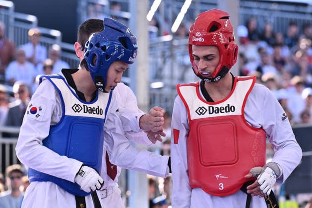 IPA85474873 - Eunsu Seo (KOR) and Vito Dell Aquila (ITA) competes in the men s -58kg final of the World Taekwondo Grand Prix at the Foro Italico, June 7, 2026, Rome, Italy.  Copyright: xDomenicoxCippitelli IPAxSportx xx 85474873