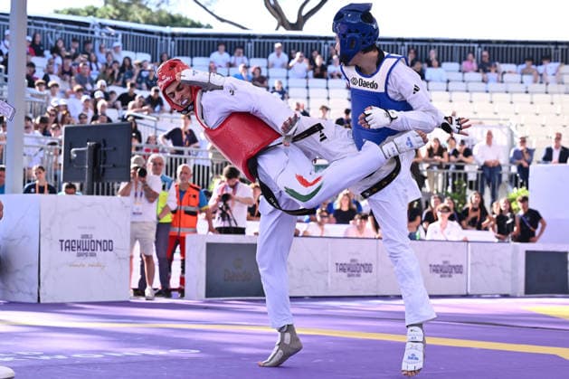 IPA85474874 - Vito Dell Aquila (ITA) and Eunsu Seo (KOR) competes in the men s -58kg final of the World Taekwondo Grand Prix at the Foro Italico, June 7, 2026, Rome, Italy.  Copyright: xDomenicoxCippitelli IPAxSportx xx 85474874