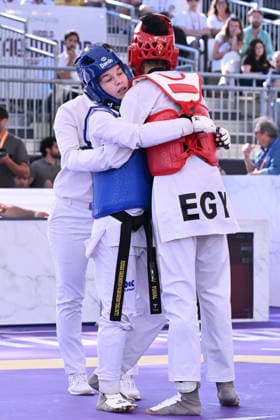 IPA85474875 - Alisa Angelova (RUS) and Jana Khattab (EGY) compete in the women s -49kg final of the World Taekwondo Grand Prix at the Foro Italico, June 7, 2026, Rome, Italy.  Copyright: xDomenicoxCippitelli IPAxSportx xx 85474875