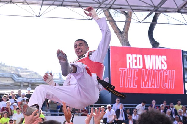 IPA85474782 - Vito Dell Aquila (ITA) celebrate the victory of the men s -58kg final against Eunsu Seo (KOR) of the World Taekwondo Grand Prix at the Foro Italico, June 7, 2026, Rome, Italy.  Copyright: xDomenicoxCippitelli IPAxSportx xx 85474782