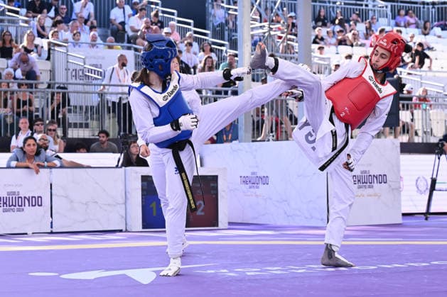 IPA85474824 - Alisa Angelova (RUS) and Jana Khattab (EGY) compete in the women s -49kg final of the World Taekwondo Grand Prix at the Foro Italico, June 7, 2026, Rome, Italy.  Copyright: xDomenicoxCippitelli IPAxSportx xx 85474824