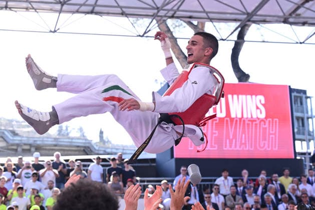 IPA85474855 - Vito Dell Aquila (ITA) celebrate the victory of the men s -58kg final against Eunsu Seo (KOR) of the World Taekwondo Grand Prix at the Foro Italico, June 7, 2026, Rome, Italy.  Copyright: xDomenicoxCippitelli IPAxSportx xx 85474855
