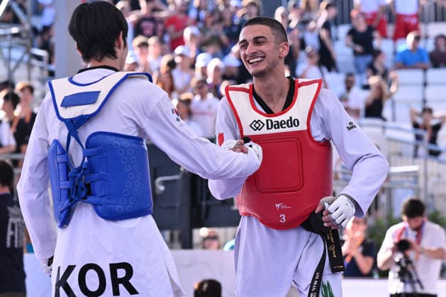 IPA85474807 - Vito Dell Aquila (ITA) celebrate the victory of the men s -58kg final against Eunsu Seo (KOR) of the World Taekwondo Grand Prix at the Foro Italico, June 7, 2026, Rome, Italy.  Copyright: xDomenicoxCippitelli IPAxSportx xx 85474807