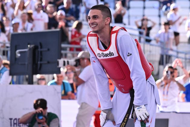 IPA85474809 - Vito Dell Aquila (ITA) celebrate the victory of the men s -58kg final against Eunsu Seo (KOR) of the World Taekwondo Grand Prix at the Foro Italico, June 7, 2026, Rome, Italy.  Copyright: xDomenicoxCippitelli IPAxSportx xx 85474809