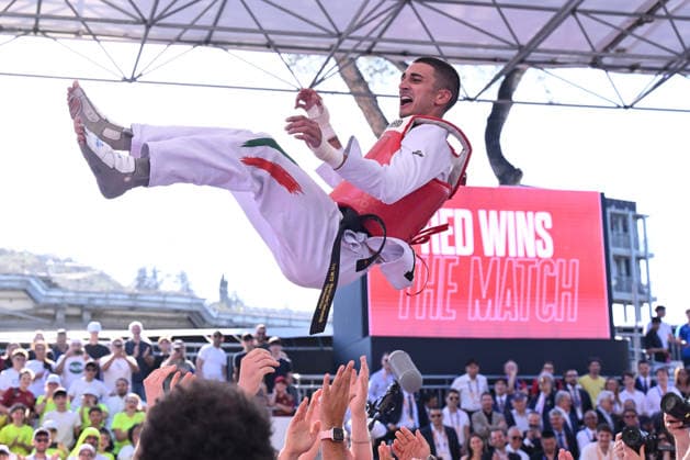 IPA85474819 - Vito Dell Aquila (ITA) celebrate the victory of the men s -58kg final against Eunsu Seo (KOR) of the World Taekwondo Grand Prix at the Foro Italico, June 7, 2026, Rome, Italy.  Copyright: xDomenicoxCippitelli IPAxSportx xx 85474819