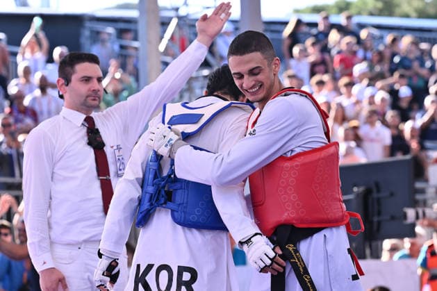 IPA85474883 - Vito Dell Aquila (ITA) celebrate the victory of the men s -58kg final against Eunsu Seo (KOR) of the World Taekwondo Grand Prix at the Foro Italico, June 7, 2026, Rome, Italy.  Copyright: xDomenicoxCippitelli IPAxSportx xx 85474883