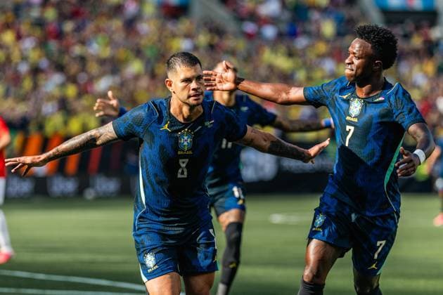RECORD DATE NOT STATED Match between Brazil and Egypt for the 2026 World Cup friendlies. Cleveland (USA), 07 06 2026 - friendly matches national team, Nationalteam USA - Player Bruno Guimaraes scores and celebrates his goal in a match between Brazil and Egypt, valid for the national team s friendly matches, held in the city of Cleveland, this Saturday, June 6, 2026.(Foto: Bruno Zanotto Thenews2 imago images) SPO  Copyright: xBrunoxxZanottox