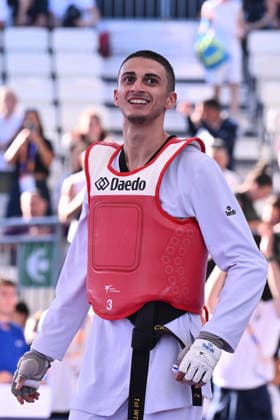IPA85474884 - Vito Dell Aquila (ITA) celebrate the victory of the men s -58kg final against Eunsu Seo (KOR) of the World Taekwondo Grand Prix at the Foro Italico, June 7, 2026, Rome, Italy.  Copyright: xDomenicoxCippitelli IPAxSportx xx 85474884