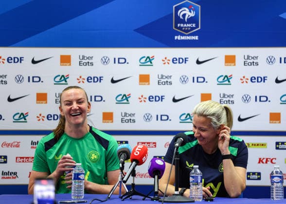 Republic of Ireland WNT press conference, PK, Pressekonferenz Stade des Alpes, Grenoble, France 8 6 2026 Courtney Brosnan and head coach Carla Ward Courtney Brosnan and Carla Ward 8 6 2026  Copyright: x INPHO BenxBradyx BB2_9331