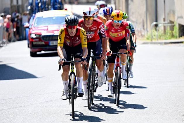 Tour Auvergne - Rhone-Alpes 2026 Stage 2 LE PUY-EN-VELAY, FRANCE - JUNE 08 : Thomas Benjamin (FRA) of Cofidis, Veistroffer Baptiste (FRA) of Lotto Intermarche, Charmig Anthon (DEN) of UNO-X Mobility during stage 2 of the 78th edition of Tour Auvergne - Rhone-Alpes an UCI World Tour 2.UWT cycling road race stage for Men Elite of 234.3 km with start in Saint-Martin-Le-Vinoux and finish in Le Puy-en-Velay on June 8, 2026 in Le Puy-en-Velay, France, 08 06 2026 ( Motordriver Guy De Vuyst - Le Puy-en-Velay France  Copyright: xVincentxKalutx