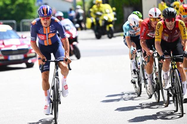 Tour Auvergne - Rhone-Alpes 2026 Stage 2 LE PUY-EN-VELAY, FRANCE - JUNE 08 : Renard-Haquin Henri-Francois (FRA) of Team Picnic PostNL, Thomas Benjamin (FRA) of Cofidis, Veistroffer Baptiste (FRA) of Lotto Intermarche during stage 2 of the 78th edition of Tour Auvergne - Rhone-Alpes an UCI World Tour 2.UWT cycling road race stage for Men Elite of 234.3 km with start in Saint-Martin-Le-Vinoux and finish in Le Puy-en-Velay on June 8, 2026 in Le Puy-en-Velay, France, 08 06 2026 ( Motordriver Guy De Vuyst - Le Puy-en-Velay France  Copyright: xVincentxKalutx