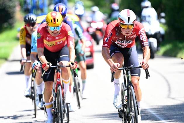 Tour Auvergne - Rhone-Alpes 2026 Stage 2 LE PUY-EN-VELAY, FRANCE - JUNE 08 : Charmig Anthon (DEN) of UNO-X Mobility, Veistroffer Baptiste (FRA) of Lotto Intermarche during stage 2 of the 78th edition of Tour Auvergne - Rhone-Alpes an UCI World Tour 2.UWT cycling road race stage for Men Elite of 234.3 km with start in Saint-Martin-Le-Vinoux and finish in Le Puy-en-Velay on June 8, 2026 in Le Puy-en-Velay, France, 08 06 2026 ( Motordriver Guy De Vuyst - Le Puy-en-Velay France  Copyright: xVincentxKalutx
