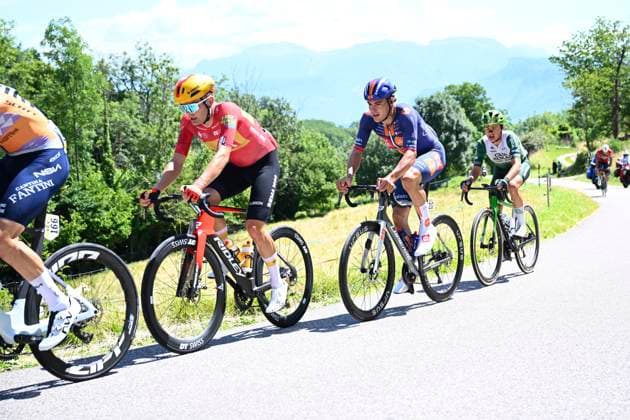 Tour Auvergne - Rhone-Alpes 2026 Stage 2 LE PUY-EN-VELAY, FRANCE - JUNE 08 : Charmig Anthon (DEN) of UNO-X Mobility, Renard-Haquin Henri-Francois (FRA) of Team Picnic PostNL, Diaz Alex (ESP) of Caja Rural - Seguros RGA during stage 2 of the 78th edition of Tour Auvergne - Rhone-Alpes an UCI World Tour 2.UWT cycling road race stage for Men Elite of 234.3 km with start in Saint-Martin-Le-Vinoux and finish in Le Puy-en-Velay on June 8, 2026 in Le Puy-en-Velay, France, 08 06 2026 ( Motordriver Guy De Vuyst - Le Puy-en-Velay France  Copyright: xVincentxKalutx