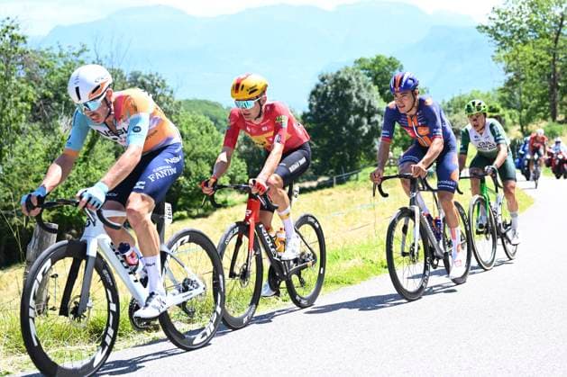 Tour Auvergne - Rhone-Alpes 2026 Stage 2 LE PUY-EN-VELAY, FRANCE - JUNE 08 : Raisberg Nadav (ISR) of NSN Cycling Team, Charmig Anthon (DEN) of UNO-X Mobility, Renard-Haquin Henri-Francois (FRA) of Team Picnic PostNL, Diaz Alex (ESP) of Caja Rural - Seguros RGA during stage 2 of the 78th edition of Tour Auvergne - Rhone-Alpes an UCI World Tour 2.UWT cycling road race stage for Men Elite of 234.3 km with start in Saint-Martin-Le-Vinoux and finish in Le Puy-en-Velay on June 8, 2026 in Le Puy-en-Velay, France, 08 06 2026 ( Motordriver Guy De Vuyst - Le Puy-en-Velay France  Copyright: xVincentxKalutx