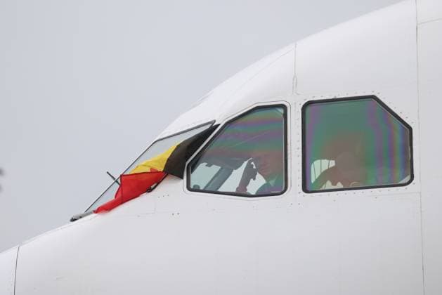 A Belgian flag pictured at the cockpit at the departure of Belgian national soccer team the Red Devils from Brussels Airport, Monday 08 June 2026, in Zaventem. The Red Devils fly to their base camp in Seattle for the FIFA World Cup, WM, Weltmeisterschaft, Fussball 2026 which is held in the United States, Canada and Mexico. BRUNOxFAHY  x176592878x