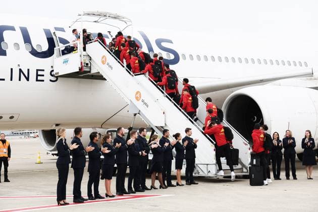 Belgium s players pictured at the departure of Belgian national soccer team the Red Devils from Brussels Airport, Monday 08 June 2026, in Zaventem. The Red Devils fly to their base camp in Seattle for the FIFA World Cup, WM, Weltmeisterschaft, Fussball 2026 which is held in the United States, Canada and Mexico. BRUNOxFAHY  x176598764x